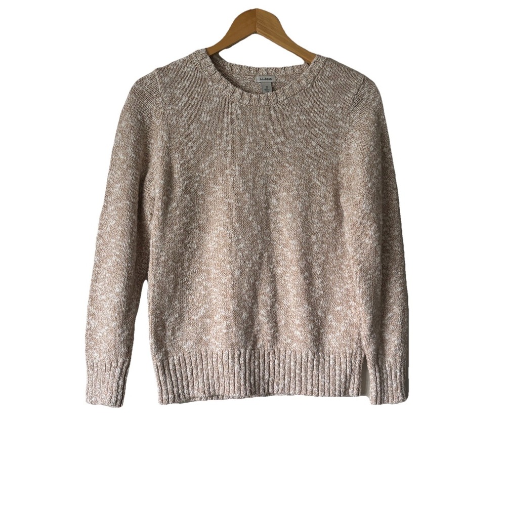 L.L. Bean Marled Beige Crewneck Knit Sweater Women's Medium 100% Cotton Fall